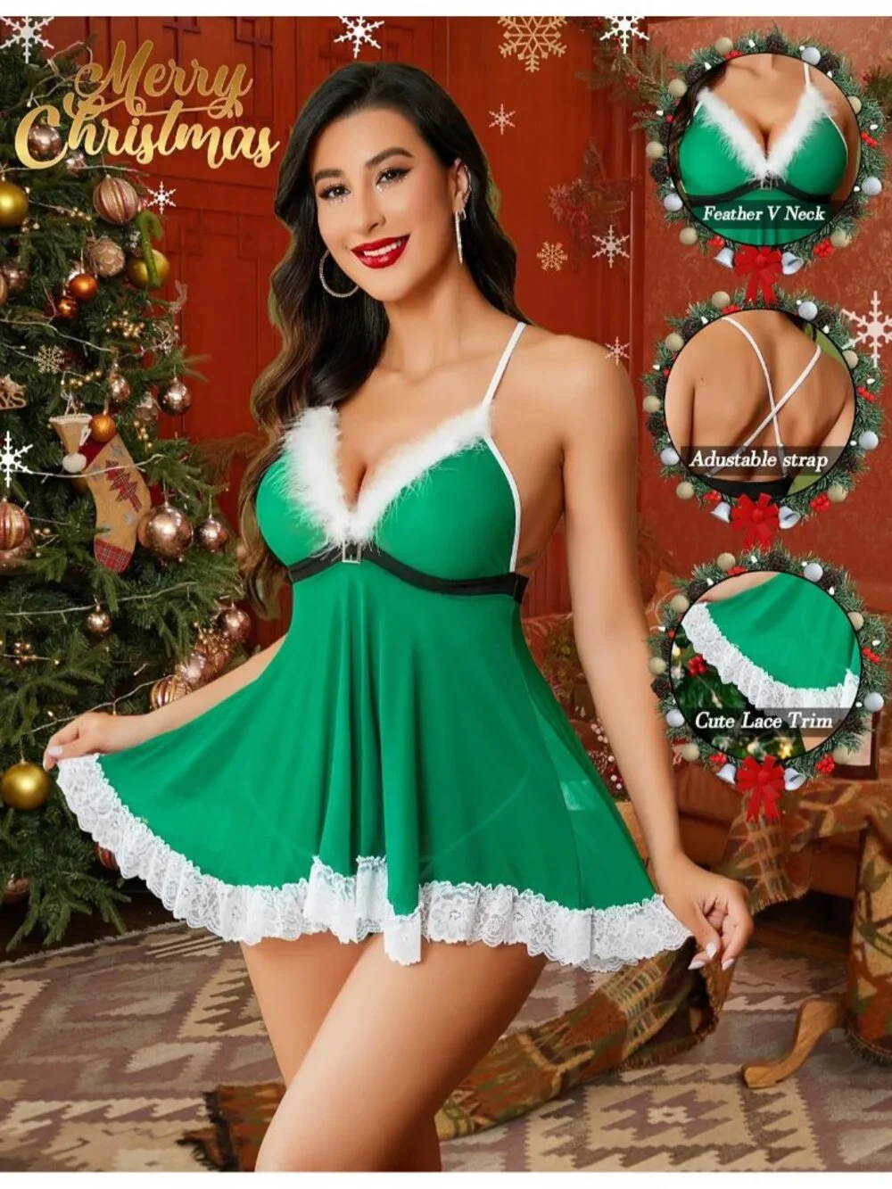 Women's Green Babydolls Lingerie Chemises Set Sexy Santa Outfits Xmas Mini Dress